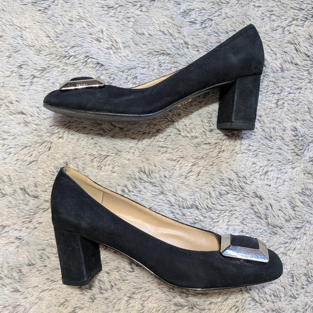 Prada Suede Heels Black Block Heels Buckle Size 40 US 10